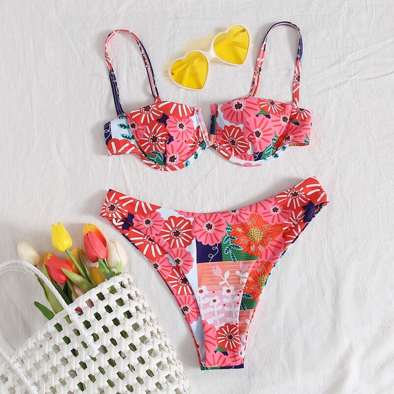 

Floral V Wired Underwire Bikini Swimsuit, Multicolor