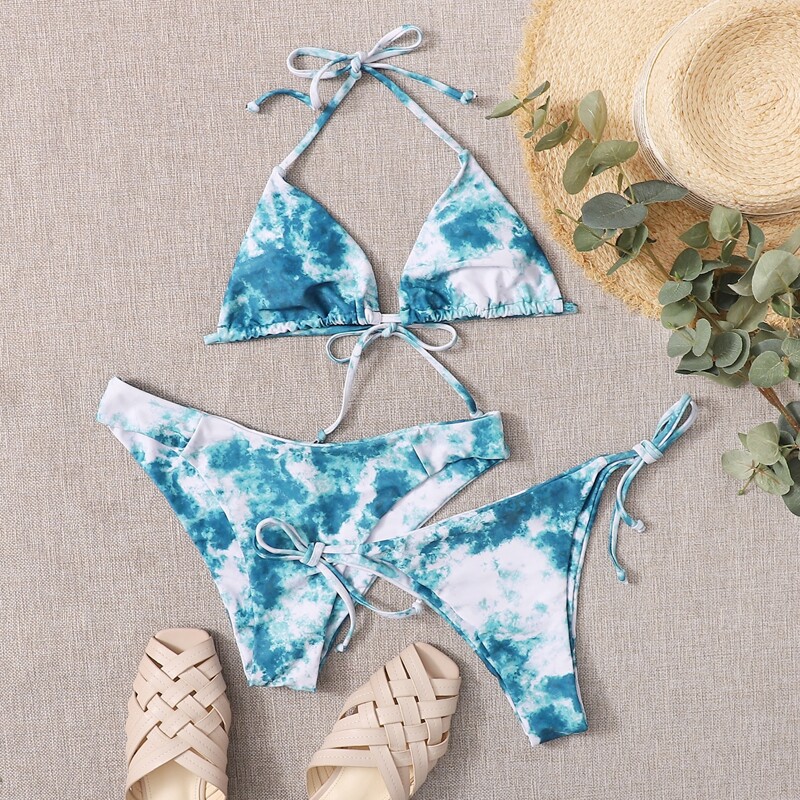 

3pack Tie Dye Triangle Tie Side Co-ord Bikini Swimsuit, Multicolor