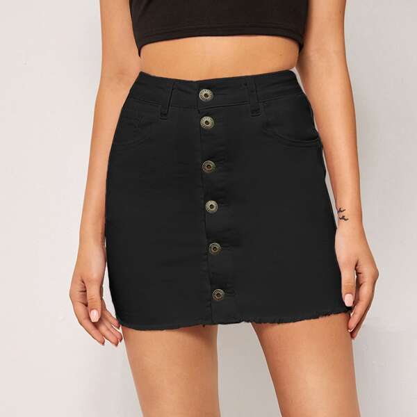 

Button Front Raw Hem Mini Denim Skirt Without Belt Bag, Black