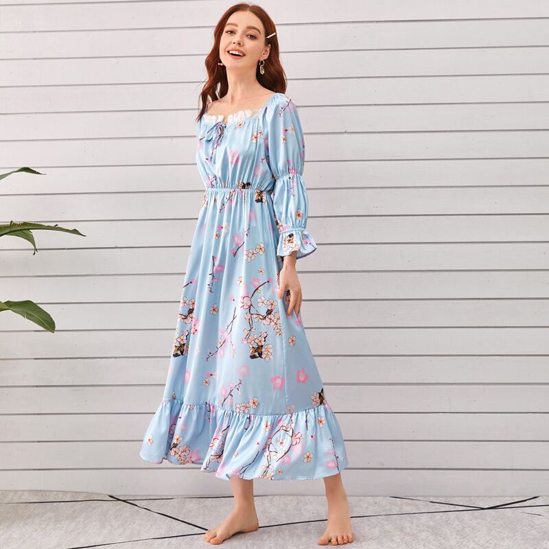 

Floral Print Contrast Lace Satin Night Dress, Blue