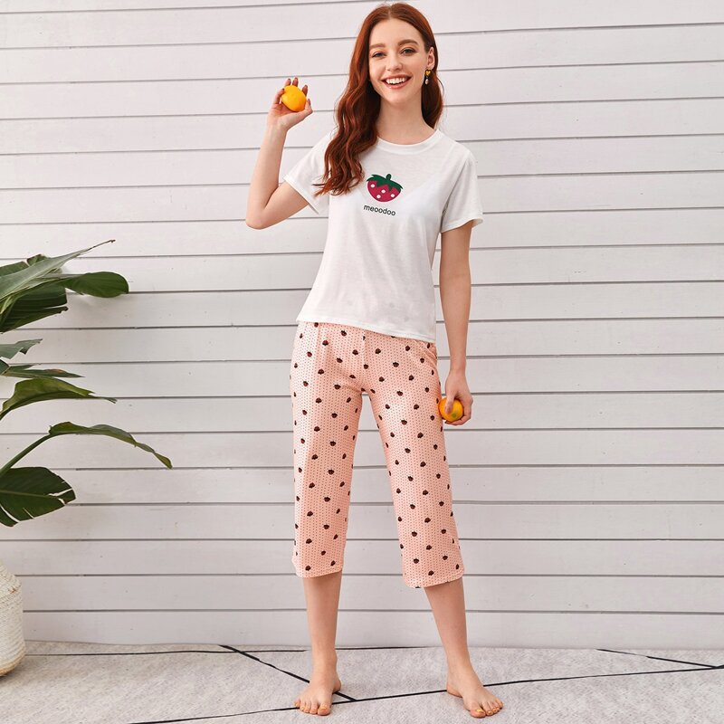 

Strawberry & Letter Graphic Tee PJ Set, Multicolor