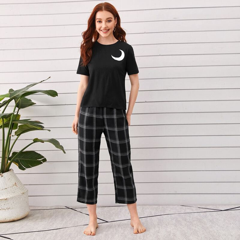 

Moon Print Tee & Plaid Pants PJ Set, Black