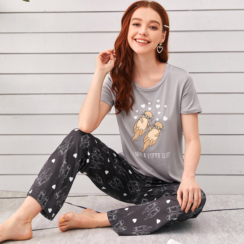 

Cartoon & Slogan Graphic PJ Set, Multicolor