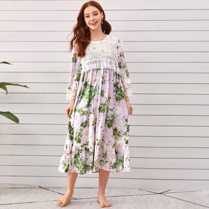

Contrast Lace Floral Print Ruffle Hem Satin Nightgown, Multicolor
