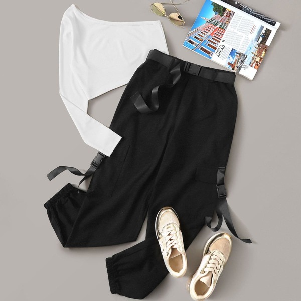 

Plus One Shoulder Top & Belted Cargo Pants, Black and white