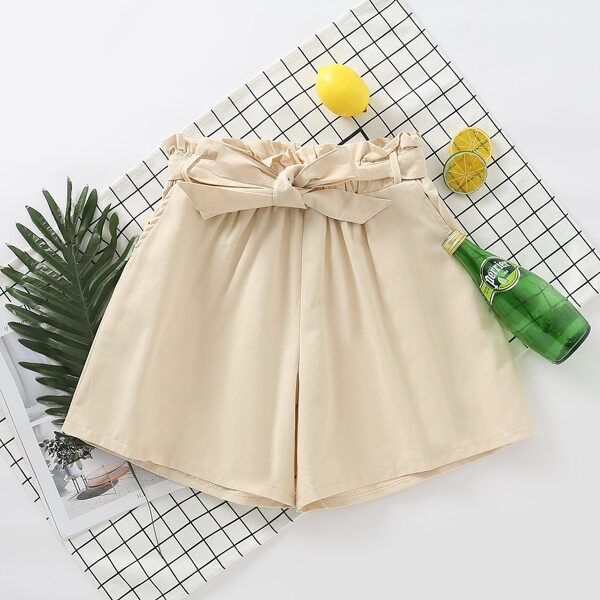 

Solid Belted Paper Bag Waist Shorts, Beige