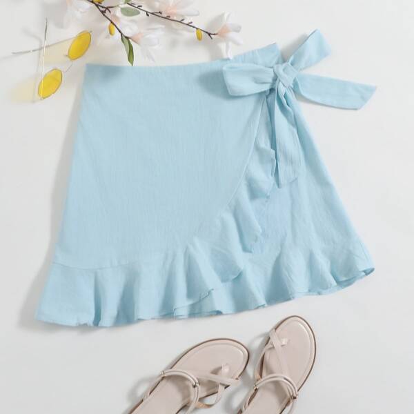 

Ruffle Hem Wrap Knot Skirt, Blue pastel