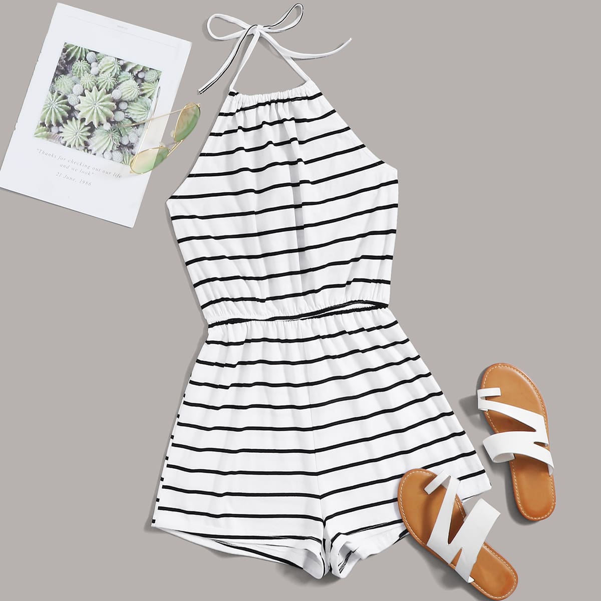 

Tie Back Striped Halter Romper, Black and white