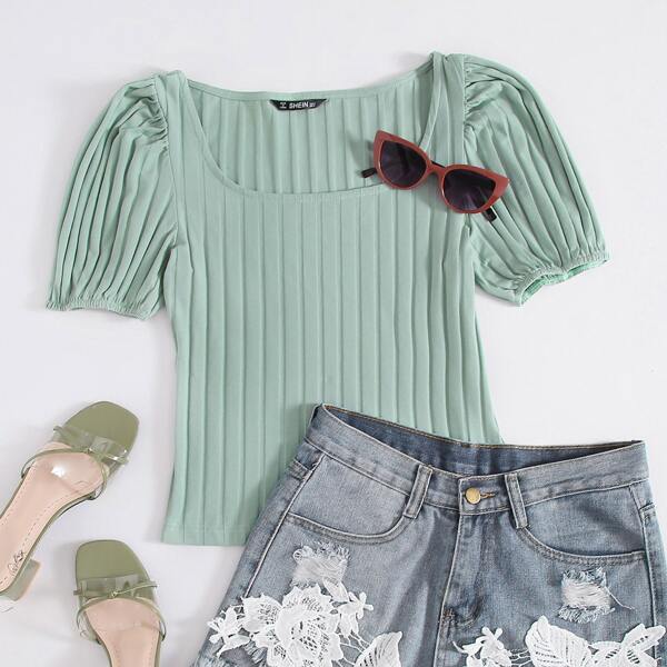 

Puff Sleeve Rib-knit Tee, Green pastel