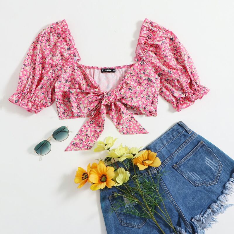 

Ditsy Floral Frill Trim Tie Front Crop Top, Pink