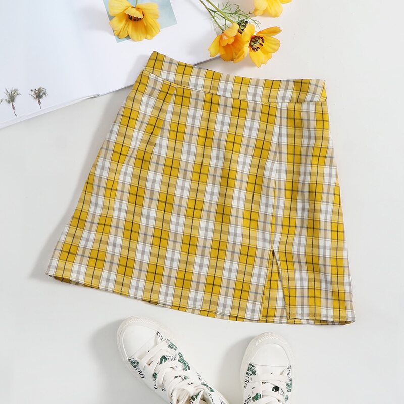 

Split Hem Tartan Skirt, Yellow