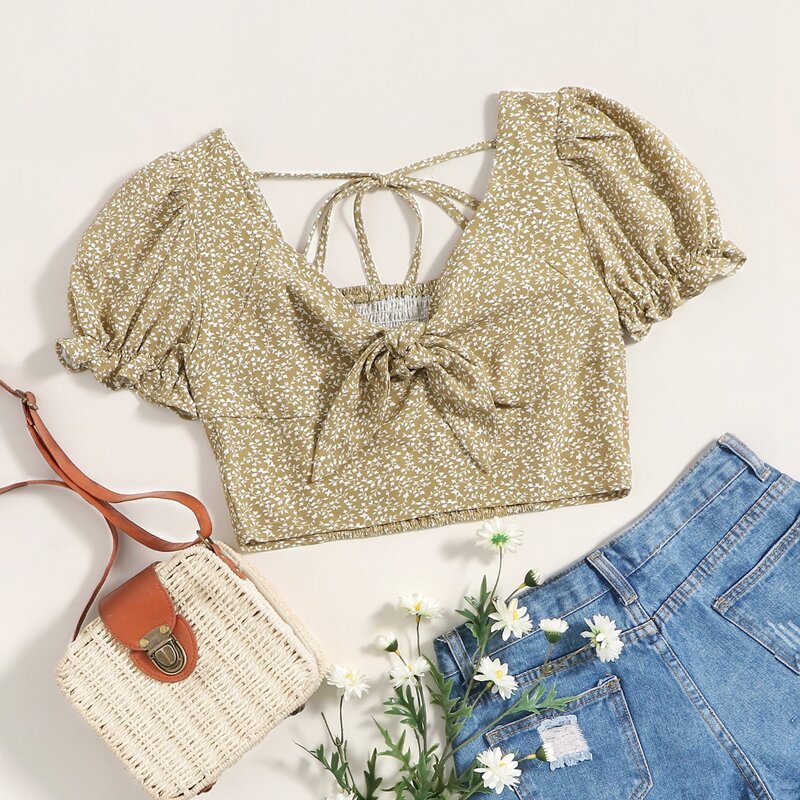 

Ditsy Floral Tie Front Puff Sleeve Crop Top, Khaki