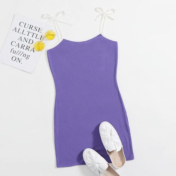 

Tie Shoulder Contrast Binding Bodycon Dress, Purple