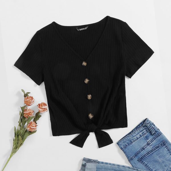 

Buttoned Front Knot Hem Rib-knit Top, Black