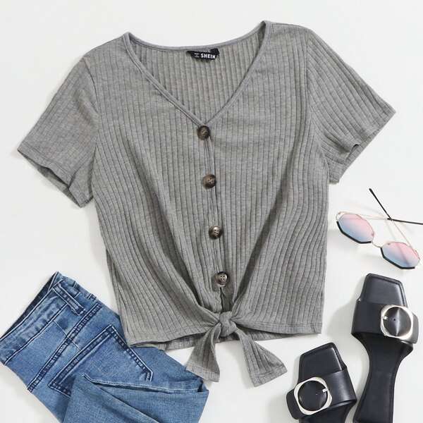 

Button Up Knot Hem Ribbed Tee, Grey
