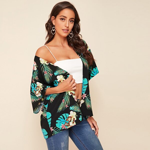 

Open Front Drop Shoulder Tropical Print Kimono, Black