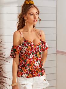 Soleia Cold Shoulder Floral Print Top - Red - View 4