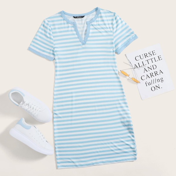 

Notched Neck Striped Dress, Blue