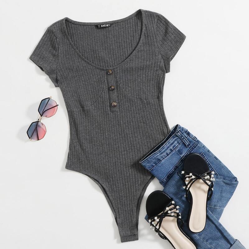 

Buttoned Front Rib-knit Bodysuit, Grey