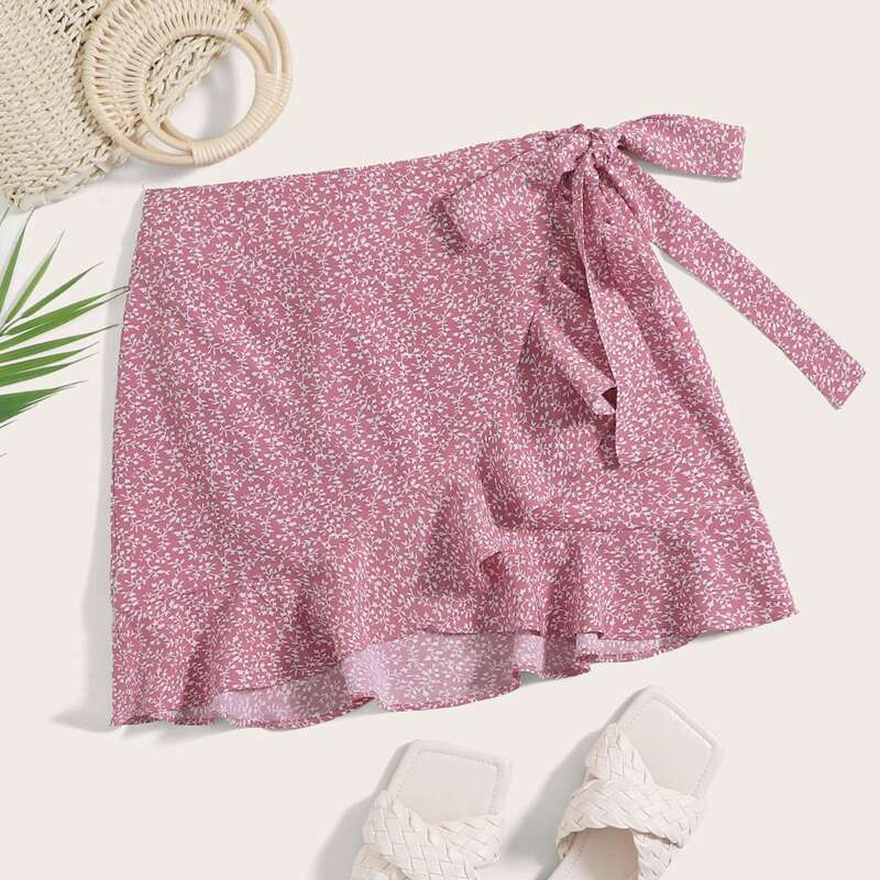 

Ruffle Hem Wrap Knot All-over Print Skirt, Dusty pink