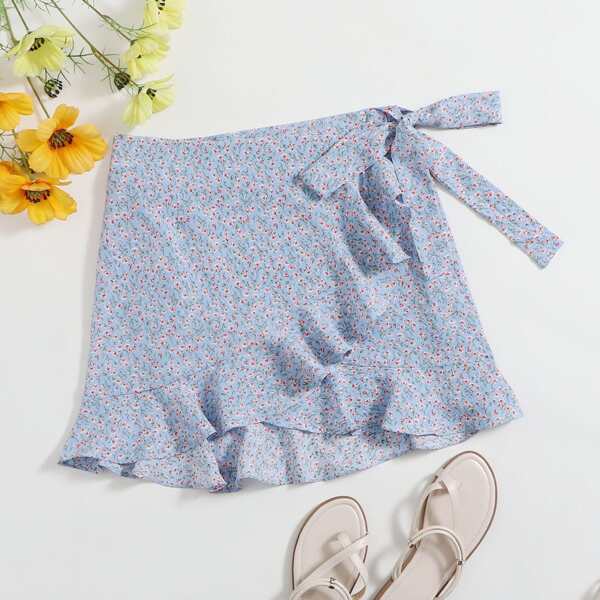 

Ruffle Trim Wrap Tie Side Ditsy Floral Skirt, Blue