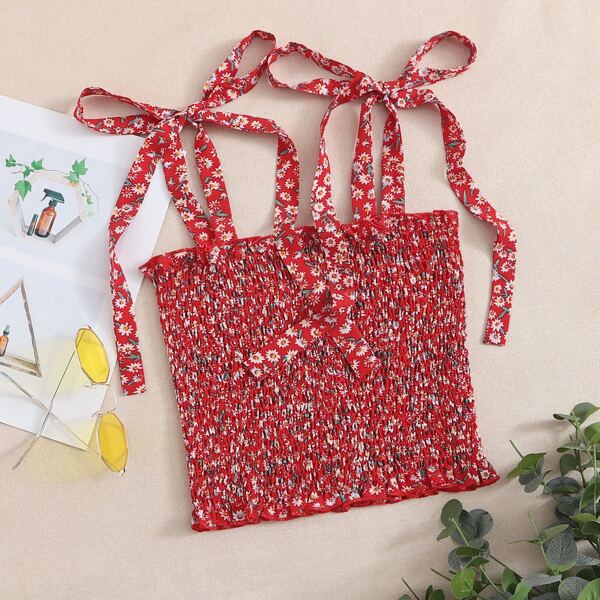 

Ditsy Floral Tie Shoulder Shirred Detail Cami Top, Red