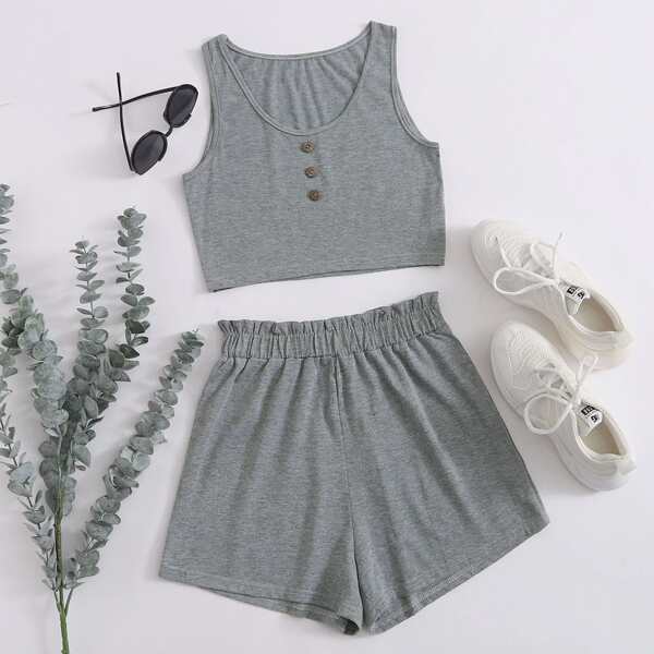 

Button Front Crop Tank Top With Shorts, Grey