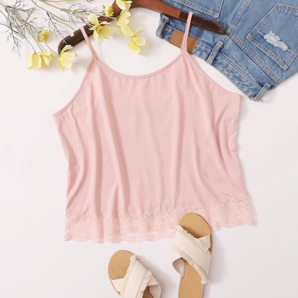 

Plus Lace Panel Solid Cami Top, Pink