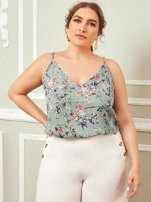 SHEIN Clasi Plus Botanical Print Cami Top - màu xanh lá - Xem 1