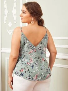SHEIN Clasi Plus Botanical Print Cami Top - màu xanh lá - Xem 2