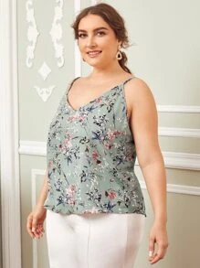 SHEIN Clasi Plus Botanical Print Cami Top - màu xanh lá - Xem 3