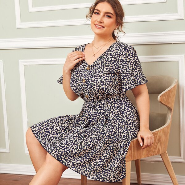 

Plus Ruffle Cuff Button Front Ditsy Floral Belted Dress, Navy blue