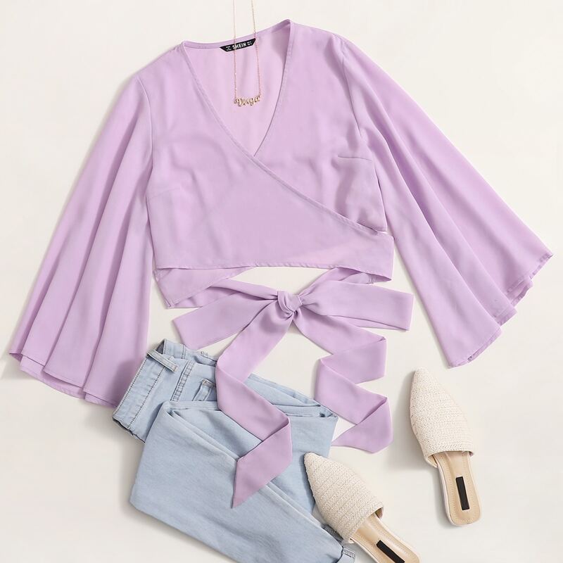 

Trumpet Sleeve Surplice Wrap Top, Purple pastel