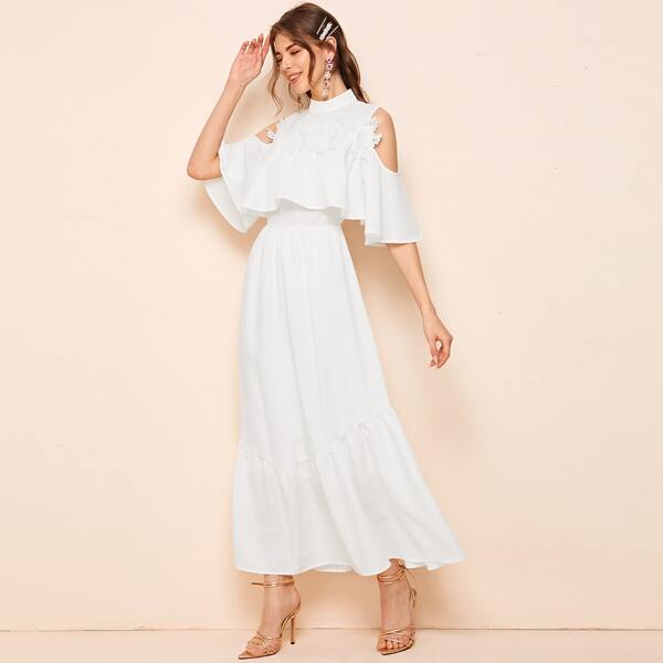 

Cold Shoulder Flower Applique Flounce Dress, White