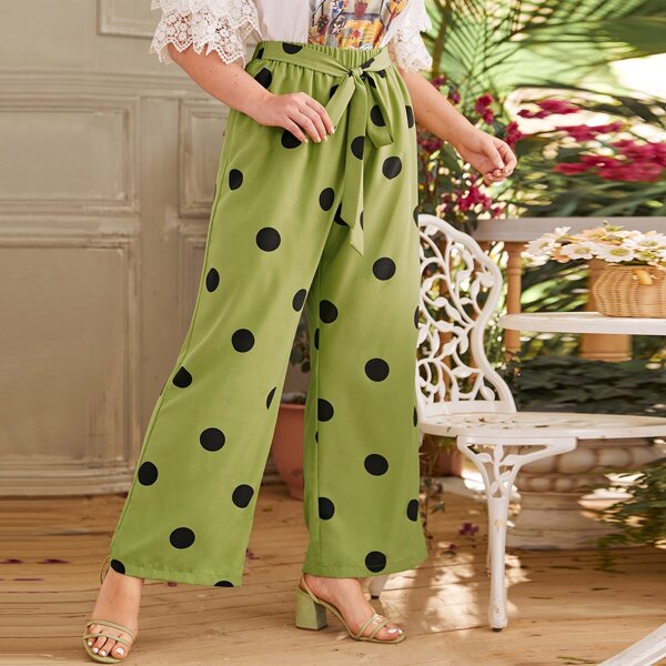

Plus Self Belted Polka Dot Pants, Green