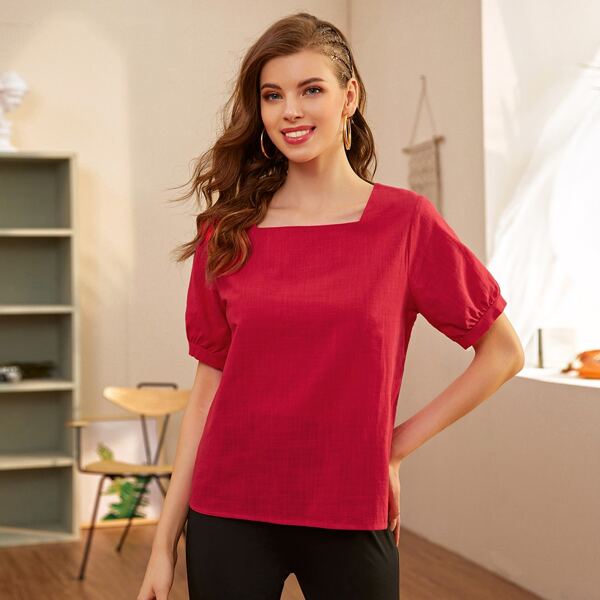 

Solid Square Neck Blouse, Red