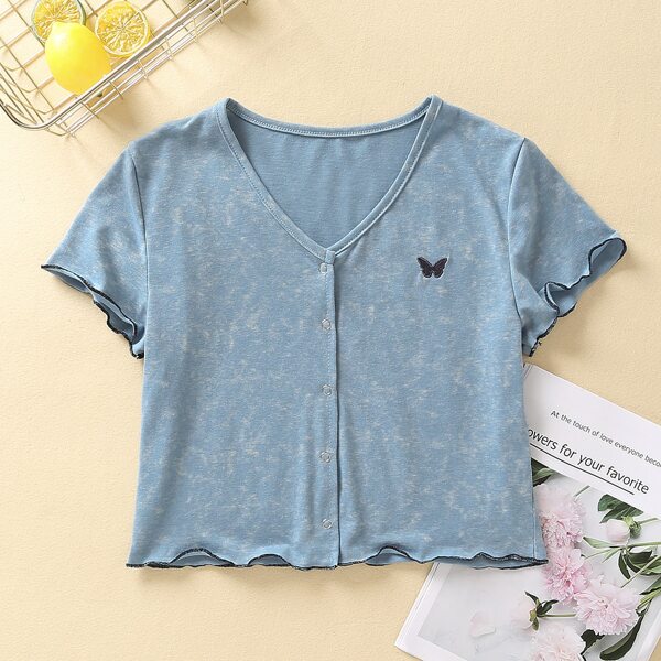 

Butterfly Embroidered Lettuce Trim Tee, Blue