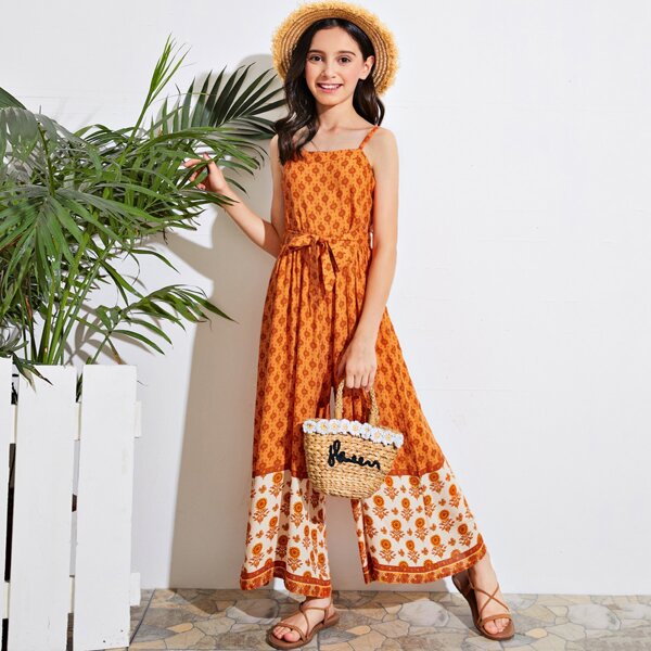 

Girls Tribal Print Belted Palazzo Jumpsuit, Orange