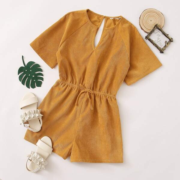 

Girls Notched Neck Raglan Sleeve Cord Romper, Mustard yellow