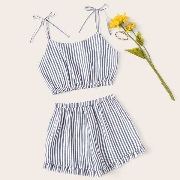 

Plus Striped Knot Strap Cami Top & Shorts, Blue