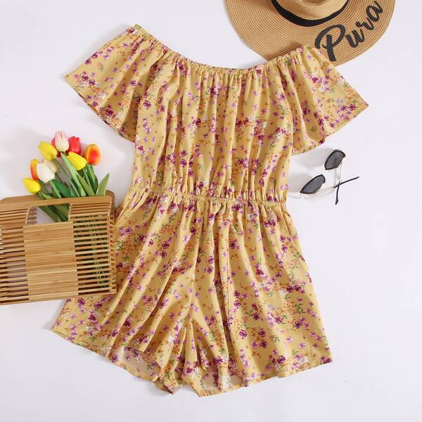 

Plus Ditsy Floral Print Bardot Romper, Yellow