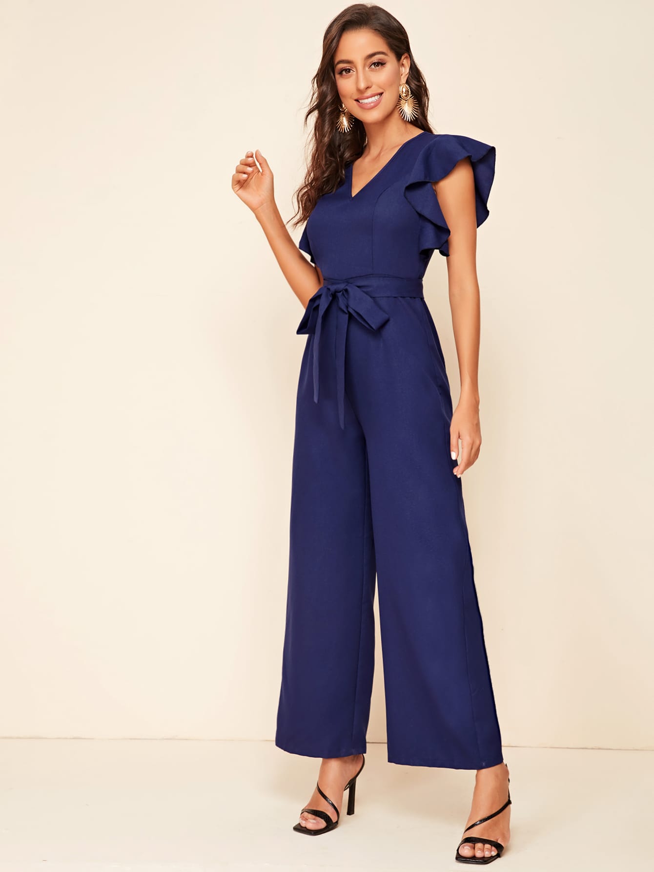 SHEIN Mameluco palazzo de manga con volante con cinturón | Moda de Mujer |  SHEIN México