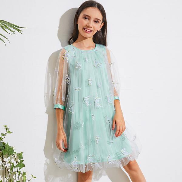 

Girls Floral Embroidered Overlay Lantern Dress, Mint green