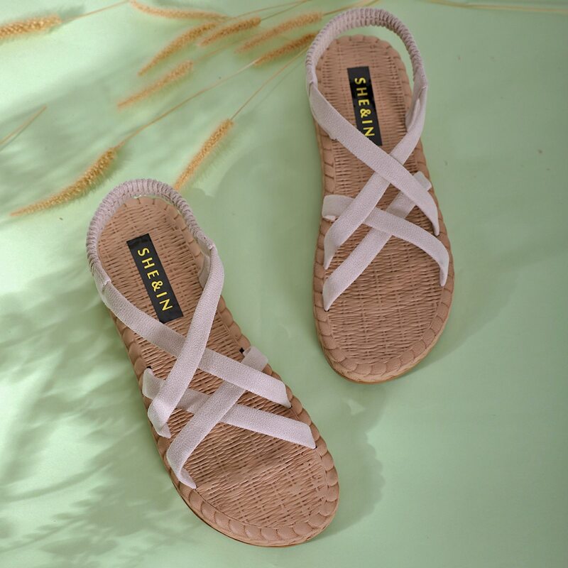 

Open Toe Cross Strap Flat Sandals, Beige
