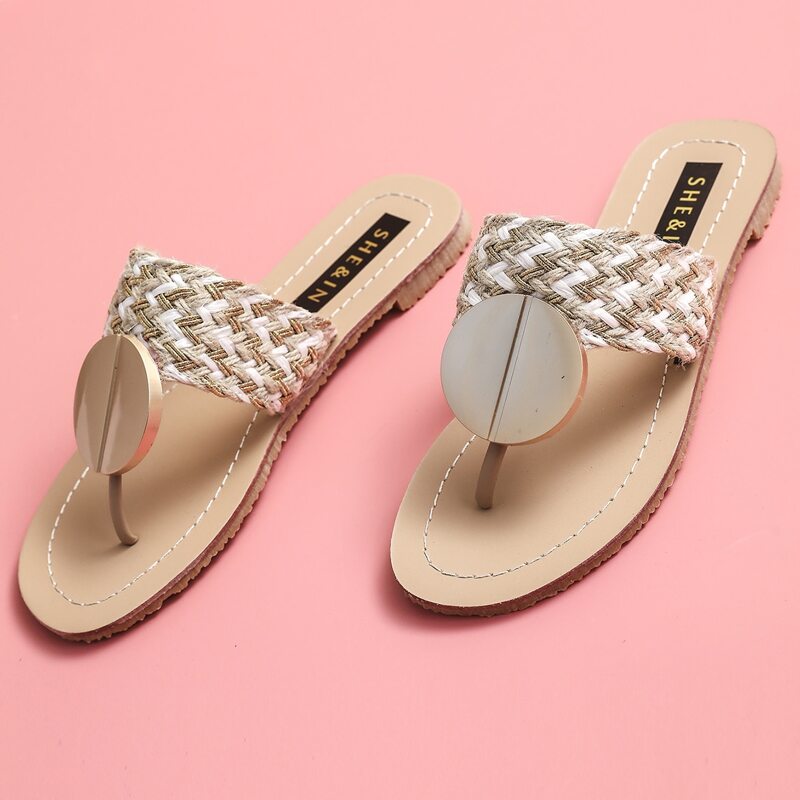 

Toe Post Metal Decor Braided Sliders, Beige