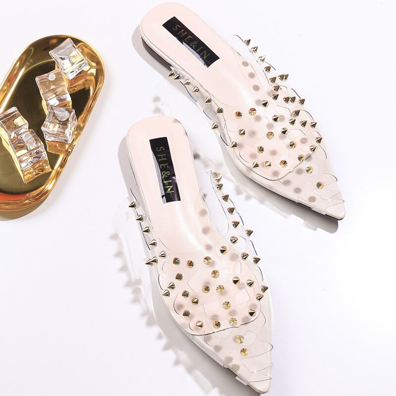 

Clear Point Toe Spiked Decor Flat Mules