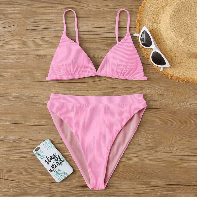 

Rib Triangle High Waisted Bikini Swimsuit, Pink