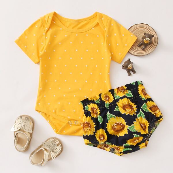 

Baby Girl Polka Dot Popper Bodysuit & Sunflower Print Shorts, Multicolor
