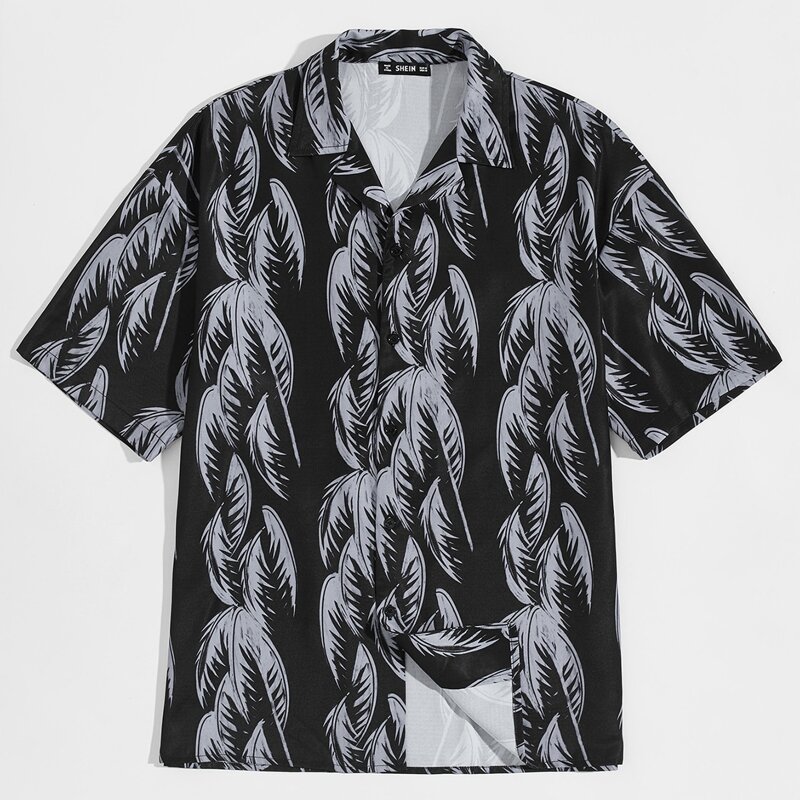 

Guys Notched Collar Feather Print Shirt, Black
