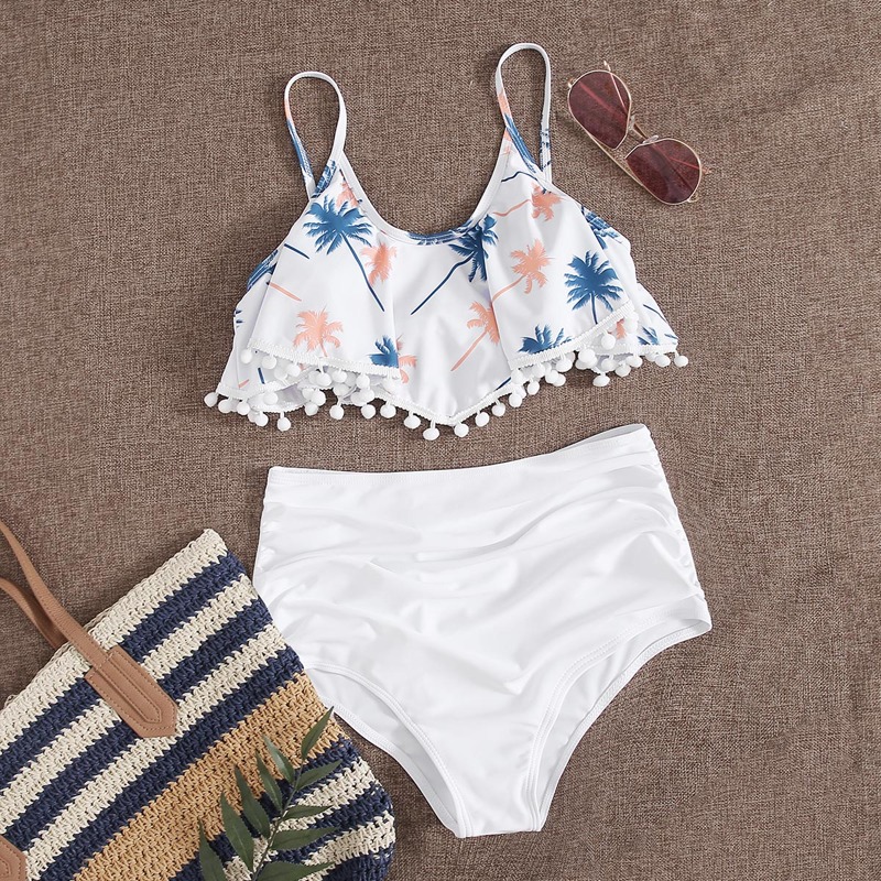 

Tropical Pompom Hem High Waisted Bikini Swimsuit, Multicolor